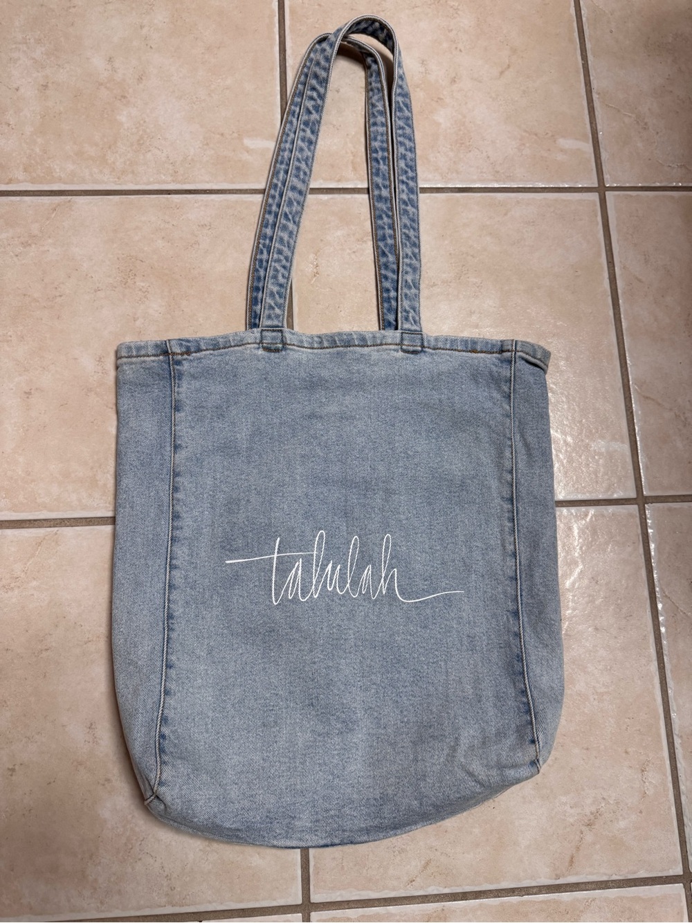 Talulah Denim Script Tote Bag in Light Blue